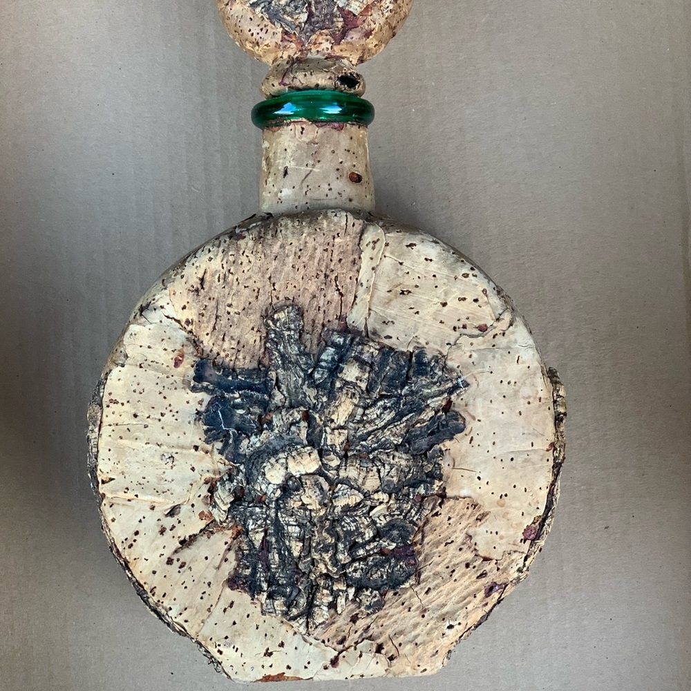 Vintage Italian Cork and Bark Decanter with Green Glass